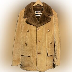 William Barry Brown Faux Fur Lined Heavy Corduroy Coat Sz 42 Grandpa VTG 70s